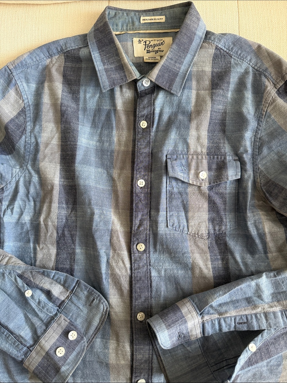 Original Penguin Blue Grey Plaid Chambray Long-Sleeve Button-Down Shirt Medium